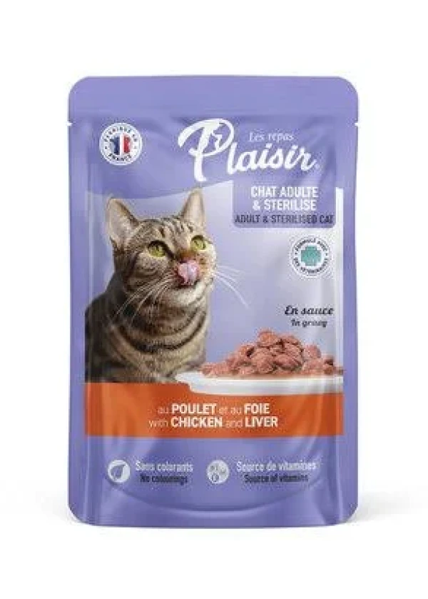 Plaisir Pouch Soslu Tavuk Eti ve Ciğer Parçalı Kısırlaştırılmış ve Yetişkin Kedi Yaş Maması 100 Gr